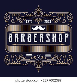 Barbershop logo design. Vintage lettering illustration on a deep blue background. All objects and text are in separate groups.