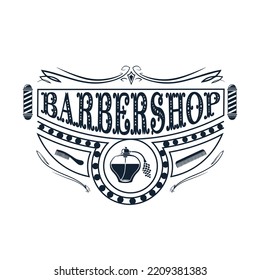 Barbershop logo design with vintage ornaments, and retro lettering illustration in vector format. Isolated on thw white background.