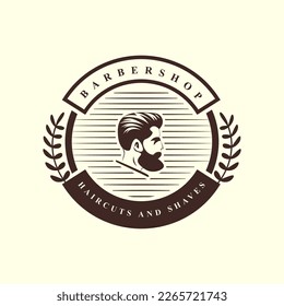 Barbershop logo, greeting poster or banner design concept with bearded men Vector illustration