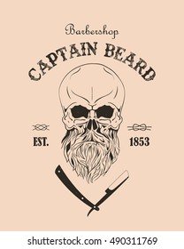 Barbershop logo. Hand drawn bearded skull illustration. Retro razor.