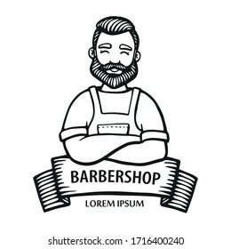 Barbershop logo. Hand-drawn hipster dude with mustache, beard with ribbon. Man barber with arms crossed in an apron. Vector line logo. Sticker, logo, Emblem