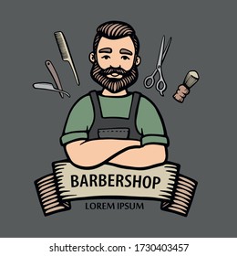 Barbershop logo. Hand-drawn hipster dude with mustache, beard with ribbon and scissors, comb, shaving brush, razor. Man barber with arms crossed in an apron. Vector line logo. Sticker, logo, Emblem.