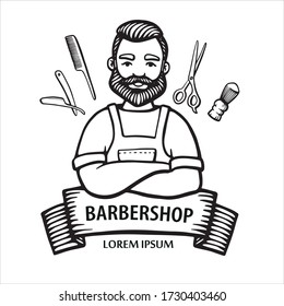 Barbershop logo. Hand-drawn hipster dude with mustache, beard with ribbon and scissors, comb, shaving brush, razor. Man barber with arms crossed in an apron. Vector line logo. Sticker, logo, Emblem.