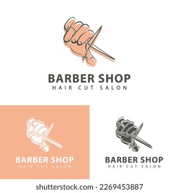 Barbershop logo. Illustration of hand holding hairdressing scissors. Sign of scissors cutting hair