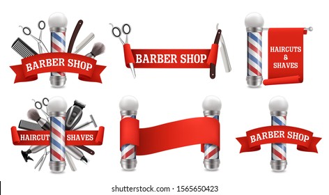 Barbershop logo, label, emblem set, vector realistic illustration isolated on white background. Haircut and shaves, beard grooming.