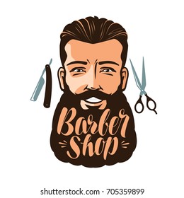 Barbershop logo or label. Portrait of happy man with beard, hipster. Lettering vector illustration