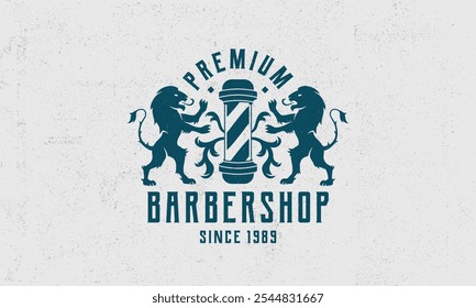 Logotipo da barbearia com silhuetas de leões. Barbearia heráldica, logotipo da crista. Cartaz para a barbearia. Impressão vintage para salão de corte de cabelo, camiseta, tipografia. Modelo de gráfico vetorial