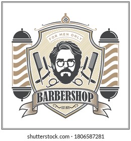 Barbershop logo, poster or banner design concept with barber pole. Vector illustration