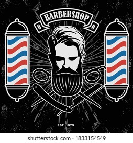 Barbershop logo, poster or banner design concept with barber pole and bearded men. Vector illustration