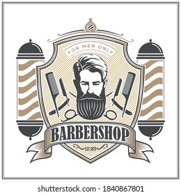 Barbershop logo, poster or banner design concept with barber pole and bearded men. Vector illustration