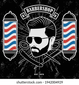 Barbershop logo, poster or banner design concept with barber pole and bearded men. Vector illustration	