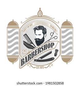 Barbershop logo, poster or banner design concept with barber pole and bearded men