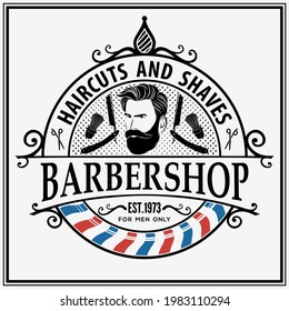 Barbershop logo, poster or banner design concept with barber pole and bearded men