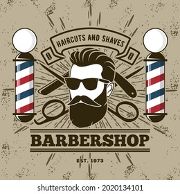Barbershop logo, poster or banner design concept with barber pole and bearded men