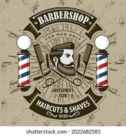 Barbershop logo, poster or banner design concept with barber pole and bearded men