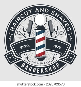 Barbershop logo, poster or banner design concept with barber pole. Vector illustration