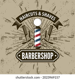 Barbershop logo, poster or banner design concept with barber pole. Vector illustration