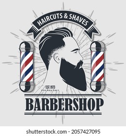 Barbershop logo, poster or banner design concept with barber pole and bearded men. Vector illustration