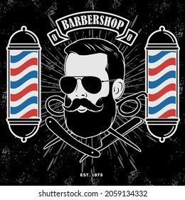 Barbershop logo, poster or banner design concept with barber pole and bearded men. Vector illustration	