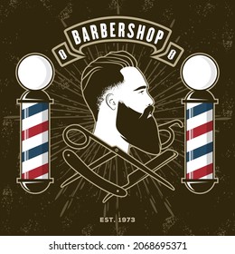 Barbershop logo, poster or banner design concept with barber pole and bearded men. Vector illustration	