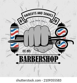 Barbershop logo, poster or banner design concept barber pole and hand holding hairdressing scissors and comb