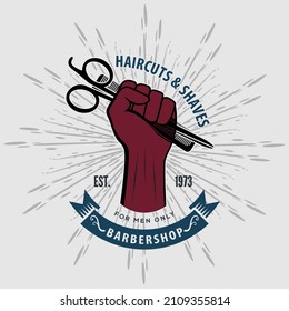 Barbershop logo, poster or banner design concept with hand holding hairdressing scissors and comb. Vector illustration