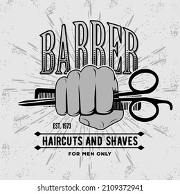 Barbershop logo, poster or banner design concept with hand holding hairdressing scissors and comb. Vector illustration