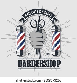 Barbershop logo, poster or banner design concept barber pole and hand holding hairdressing scissors and comb