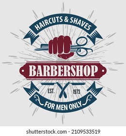 Barbershop logo, poster or banner design concept with hand holding hairdressing scissors and comb. Vector illustration