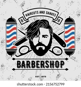 Barbershop logo, poster or banner design concept with barber pole and bearded men. Vector illustration	