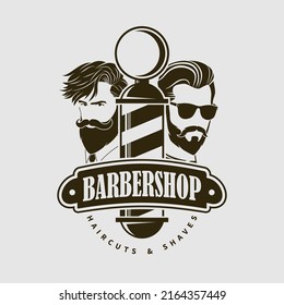 Barbershop logo, poster or banner design concept with barber pole and bearded men. Vector illustration