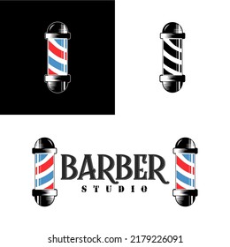 Barbershop logo, poster or banner design concept with barber pole. Vector illustration