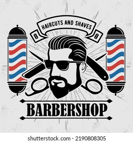 Barbershop logo, poster or banner design concept with barber pole and bearded men. Vector illustration