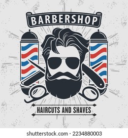 Barbershop logo, poster or banner design concept with barber pole and bearded men. Vector illustration