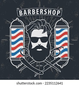 Barbershop logo, poster or banner design concept with barber pole and bearded men. Vector illustration