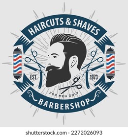 Barbershop logo, poster or banner design concept with barber pole and bearded men. Vector illustration	