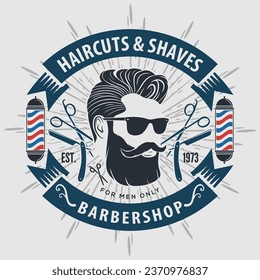 Barbershop logo, poster or banner design concept with barber pole and bearded men. Vector illustration