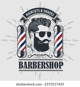 Logo de la Barbería, diseño de afiches o banners con barra de barbero y hombres con barba. Ilustración del vector