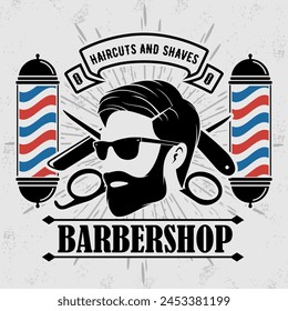 Barbershop logo, poster or banner design concept with barber pole and bearded men. Vector illustration