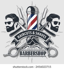 Barbershop logo, poster or banner design concept with barber pole and bearded men. Vector illustration