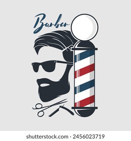 Barbershop logo, poster or banner design concept with barber pole and bearded men. Vector illustration