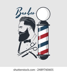 Barbershop logo, poster or banner design concept with barber pole and bearded men. Vector illustration