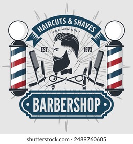 Barbershop logo, poster or banner design concept with barber pole and bearded men. Vector illustration