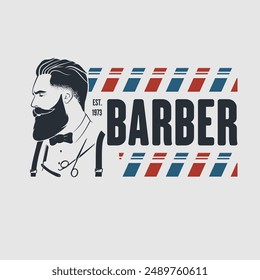 Barbershop logo, poster or banner design concept with barber pole and bearded men. Vector illustration