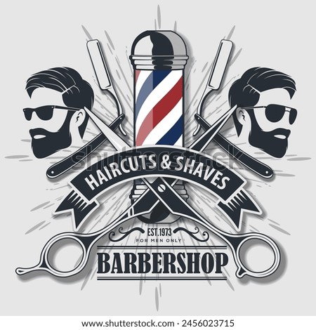 Barbershop logo, poster or banner design concept with barber pole and bearded men. Vector illustration