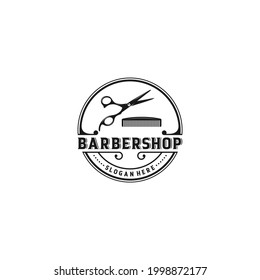 barbershop logo with scissors and comb on white background