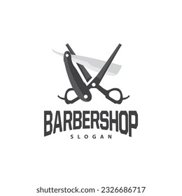 Barbershop Logo, Scissors Vector, Retro Vintage Minimalist Typography Ornament Design
