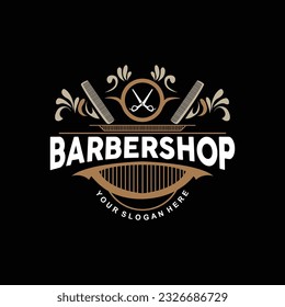 Barbershop Logo, Scissors Vector, Retro Vintage Minimalist Typography Ornament Design