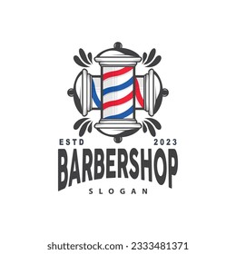 Logotipo de Barbershop, vector de tijeras, diseño de ornamentos de tipografía minimalista retro vintage