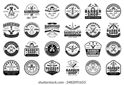 Colección de Vector con insignia de logotipo de barbería. Logo de Antiguas barbershop con diseño de Vector de estilo retro. Conjunto de Elementos de diseño para peluquería, peluquería